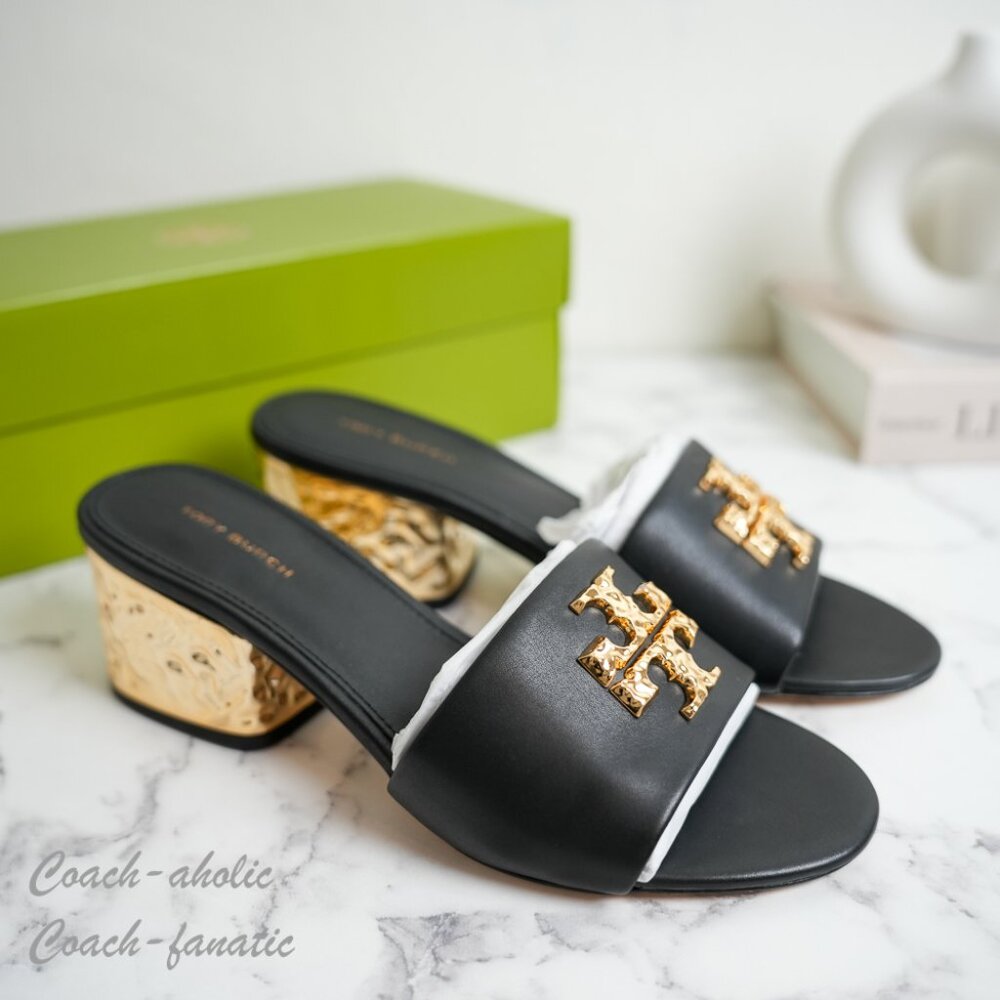 NIB Tory Burch Everly Anatomic Lug Nappa Leather Slide Sandal in Black
